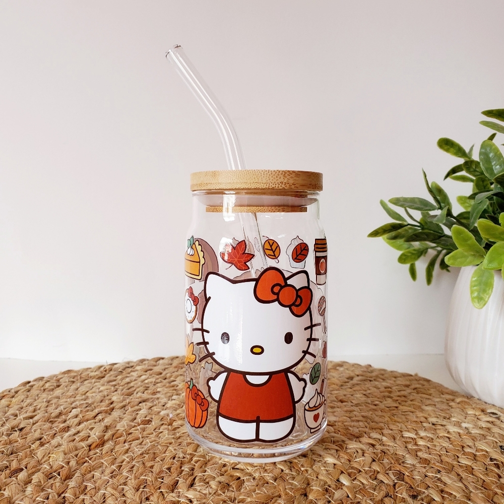 Hello Kitty Fall Pumpkin Spice Glass Tumbler With Glass Straw & Bamboo Lid 16oz - Picture 1 of 5